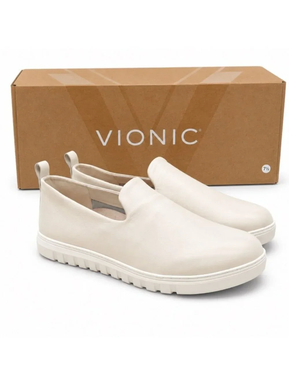 VIONIC Uptown Willa Cream Leather Slip On Sneakers Womens 7 WIDE Arch Support